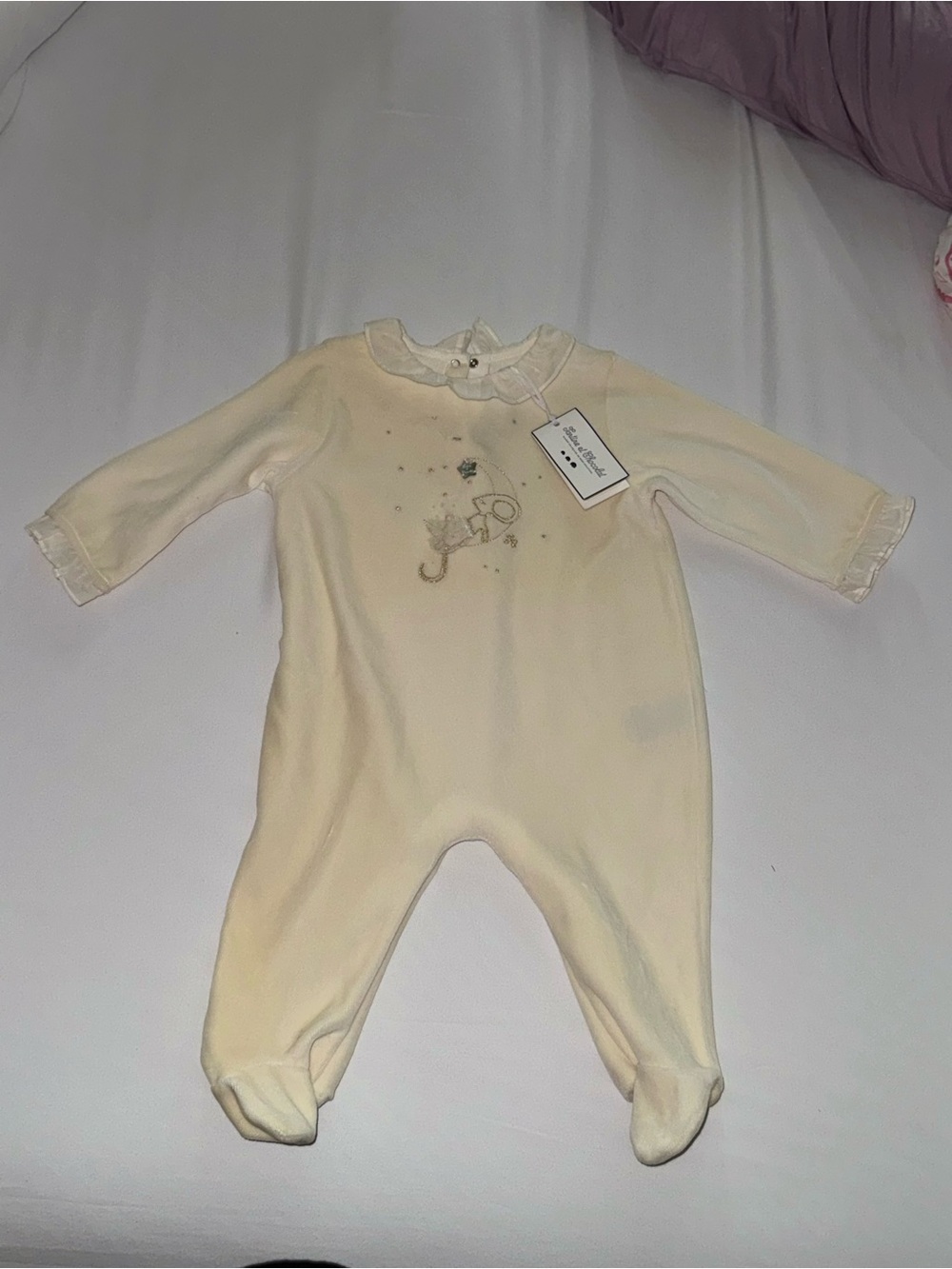 Tartine et Chocolat Cream Footed Baby One-Piece with Embroidered Motif